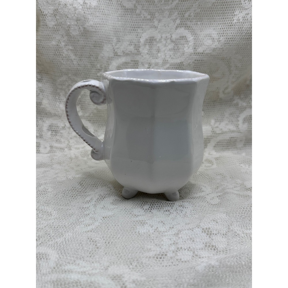 Mud Pie White Ceramic Footed Mug Octagonal Scroll Handle French Country 4 Inch